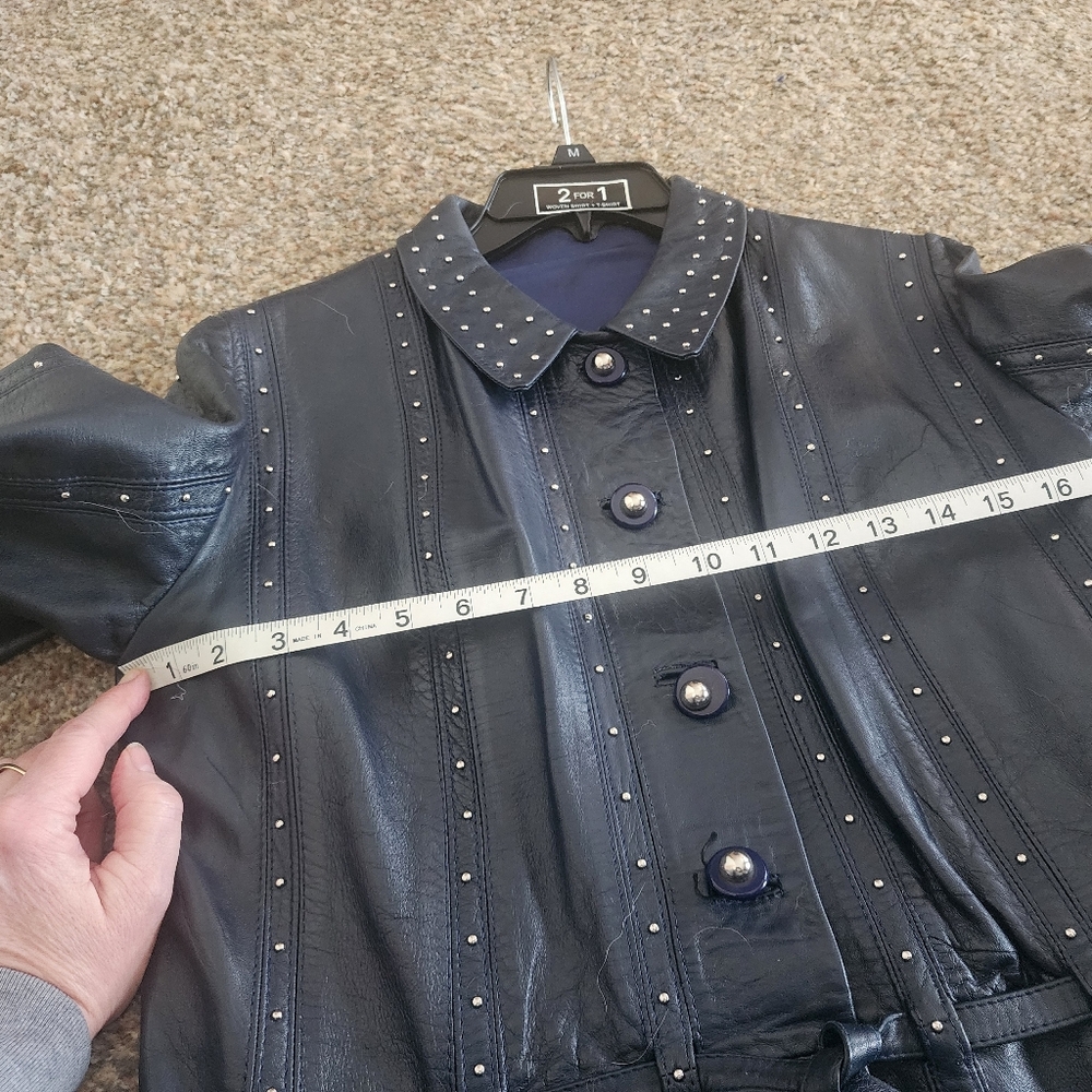 Chic Navy Blue, Gamolin Of Barcelona Vintage Leather Studded Women's Trench Coat - Picture 11 of 16